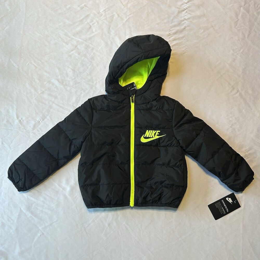 NWT NIKE "Just Do It" Boys Black & Neon Green Synthetic Fill Hoodie Jacket Sz 3T